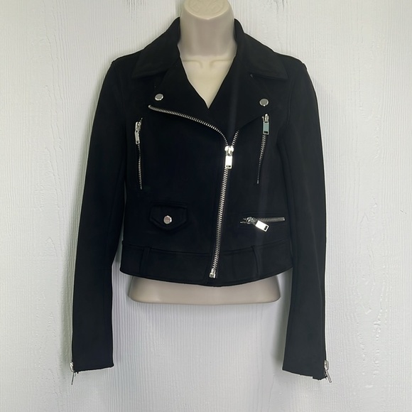 Zara - Black Faux Suede Cropped Moto Biker Long Sleeve Zipper Jacket Size XS - Picture 2 of 11
